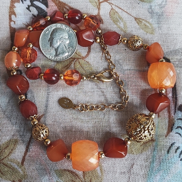 Robert Rose Signed Acrylic Tumbled Stones Gold Filigree Beads Choker Necklace - Picture 11 of 14